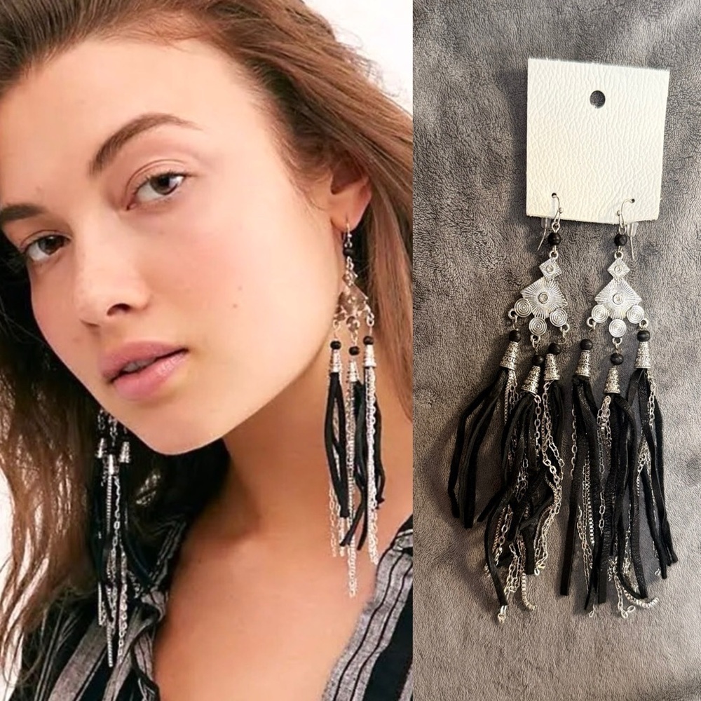 Free People Earrings Willow Black and Silver Tassel Earrings NEW